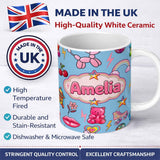 Personalized Custom Name Gummy Bear Rainbow Roller Skate Soft Blue Background Seamless 11oz Ceramic Coffee Tea Mug White Large Handle