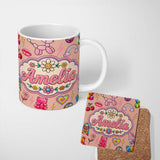 Personalized Custom Name Gummy Bear Rainbow Roller Skate Peach Background Seamless Pattern 11oz Ceramic Coffee Tea Mug White Large Handle