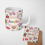 Personalized Custom Name Gummy Bear Rainbow Roller Skate Cream Background Seamless Pattern 11oz Ceramic Coffee Tea Mug White Large Handle