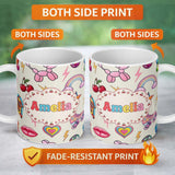 Personalized Custom Name Gummy Bear Rainbow Roller Skate Cream Background Seamless Pattern 11oz Ceramic Coffee Tea Mug White Large Handle