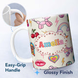 Personalized Custom Name Gummy Bear Rainbow Roller Skate Cream Background Seamless Pattern 11oz Ceramic Coffee Tea Mug White Large Handle