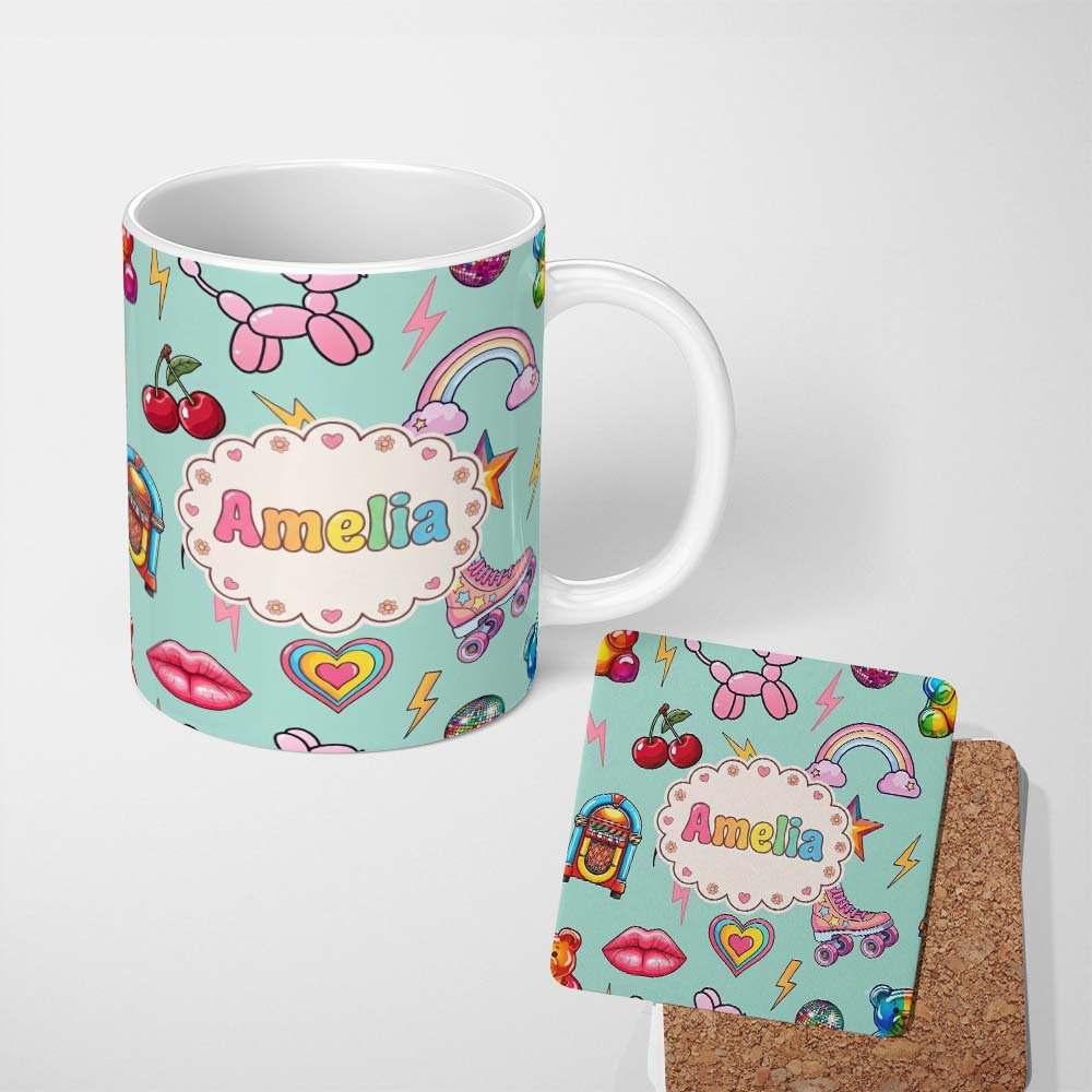 Personalized Custom Name Gummy Bear Rainbow Roller Skate Mint Background Seamless Pattern 11oz Ceramic Coffee Tea Mug White Large Handle