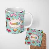 Personalized Custom Name Gummy Bear Rainbow Roller Skate Mint Background Seamless Pattern 11oz Ceramic Coffee Tea Mug White Large Handle