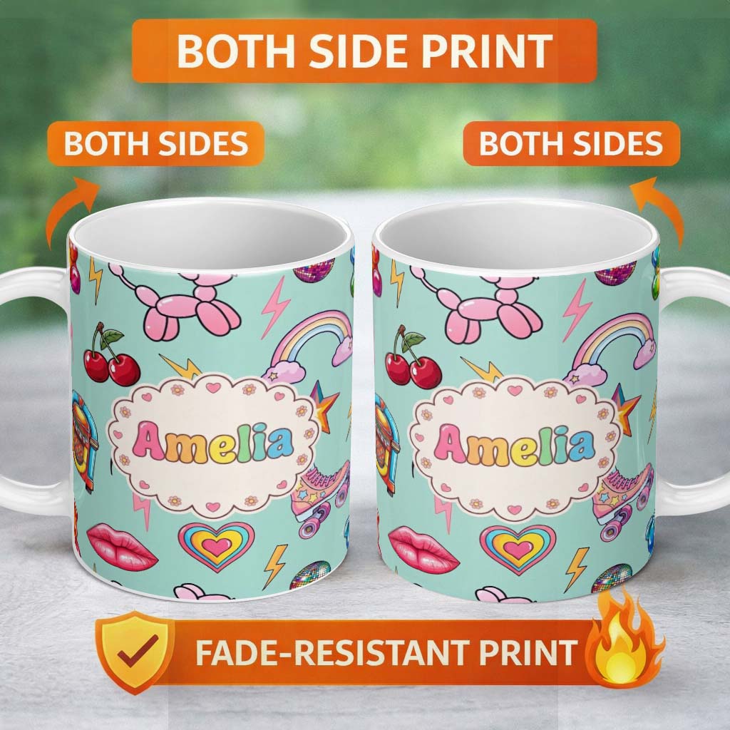 Personalized Custom Name Gummy Bear Rainbow Roller Skate Mint Background Seamless Pattern 11oz Ceramic Coffee Tea Mug White Large Handle