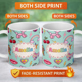 Personalized Custom Name Gummy Bear Rainbow Roller Skate Mint Background Seamless Pattern 11oz Ceramic Coffee Tea Mug White Large Handle