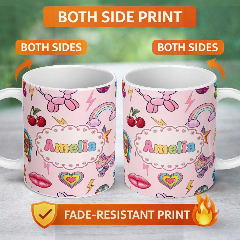Personalized Custom Name Gummy Bear Rainbow Roller Skate Pink Background Seamless Pattern 11oz Ceramic Coffee Tea Mug White Large Handle