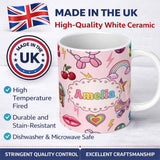 Personalized Custom Name Gummy Bear Rainbow Roller Skate Pink Background Seamless Pattern 11oz Ceramic Coffee Tea Mug White Large Handle