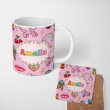 Personalized Custom Name Gummy Bear Rainbow Roller Skate Blush Pink Background Seamless 11oz Ceramic Coffee Tea Mug White Large Handle