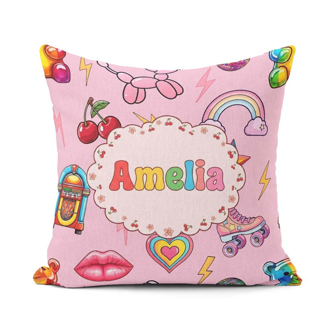 Custom Name Gummy Bear Rainbow Roller Skate Blush Pink Seamless Square Filled Cushion Throw Pillow Sofa Bed Home Decor Zip Washable UK Made