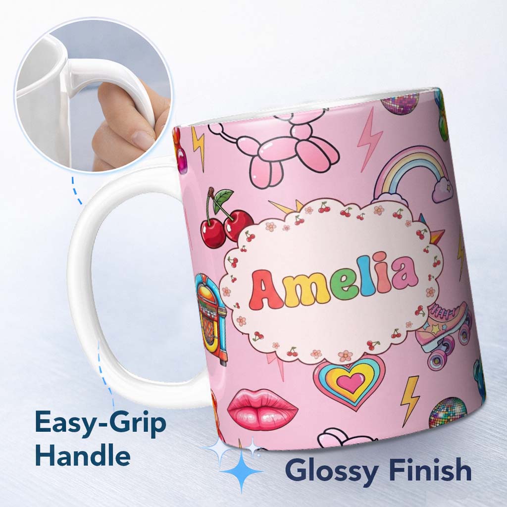 Personalized Custom Name Gummy Bear Rainbow Roller Skate Blush Pink Background Seamless 11oz Ceramic Coffee Tea Mug White Large Handle