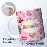 Personalized Custom Name Gummy Bear Rainbow Roller Skate Blush Pink Background Seamless 11oz Ceramic Coffee Tea Mug White Large Handle