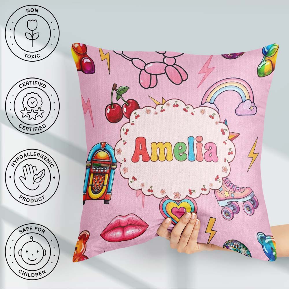 Custom Name Gummy Bear Rainbow Roller Skate Blush Pink Seamless Square Filled Cushion Throw Pillow Sofa Bed Home Decor Zip Washable UK Made