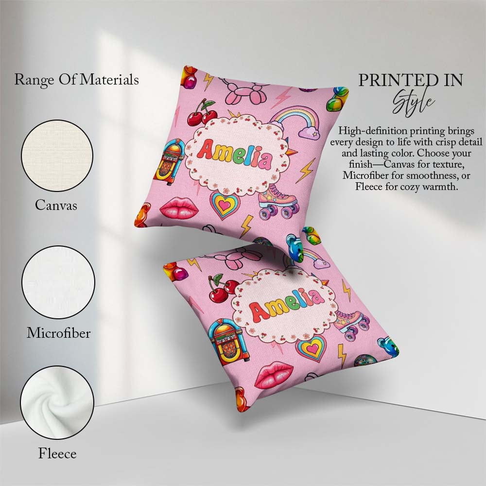 Custom Name Gummy Bear Rainbow Roller Skate Blush Pink Seamless Square Filled Cushion Throw Pillow Sofa Bed Home Decor Zip Washable UK Made