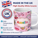 Personalized Custom Name Gummy Bear Rainbow Roller Skate Blush Pink Background Seamless 11oz Ceramic Coffee Tea Mug White Large Handle