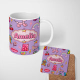 Personalized Custom Name Gummy Bear Rainbow Roller Skate Purple Background Seamless Pattern 11oz Ceramic Coffee Tea Mug White Large Handle