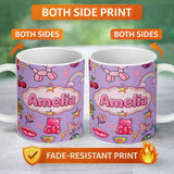 Personalized Custom Name Gummy Bear Rainbow Roller Skate Purple Background Seamless Pattern 11oz Ceramic Coffee Tea Mug White Large Handle