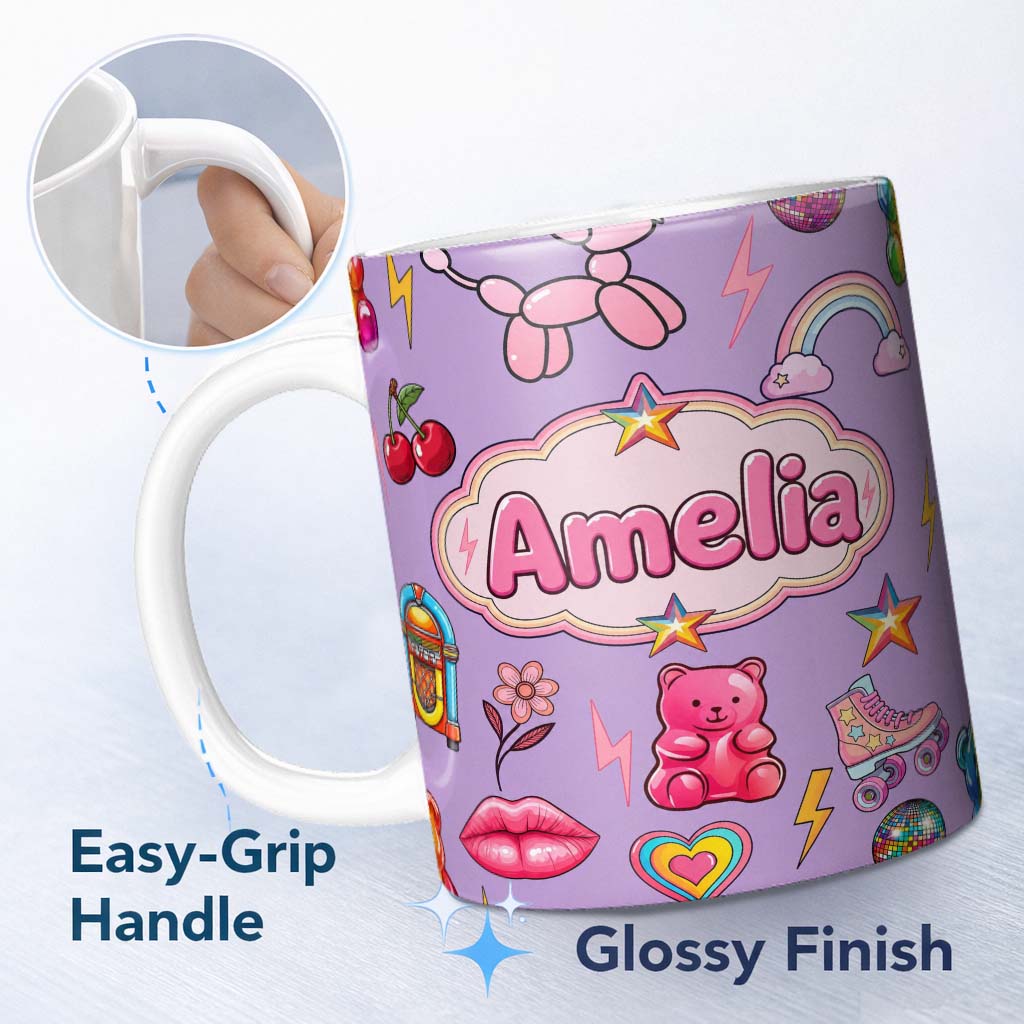 Personalized Custom Name Gummy Bear Rainbow Roller Skate Purple Background Seamless Pattern 11oz Ceramic Coffee Tea Mug White Large Handle
