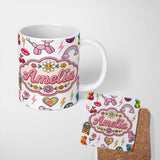 Personalized Custom Name Gummy Bear Rainbow Roller Skate Light Grey Background Seamless 11oz Ceramic Coffee Tea Mug White Large Handle