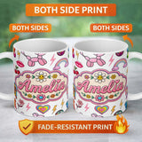 Personalized Custom Name Gummy Bear Rainbow Roller Skate Light Grey Background Seamless 11oz Ceramic Coffee Tea Mug White Large Handle