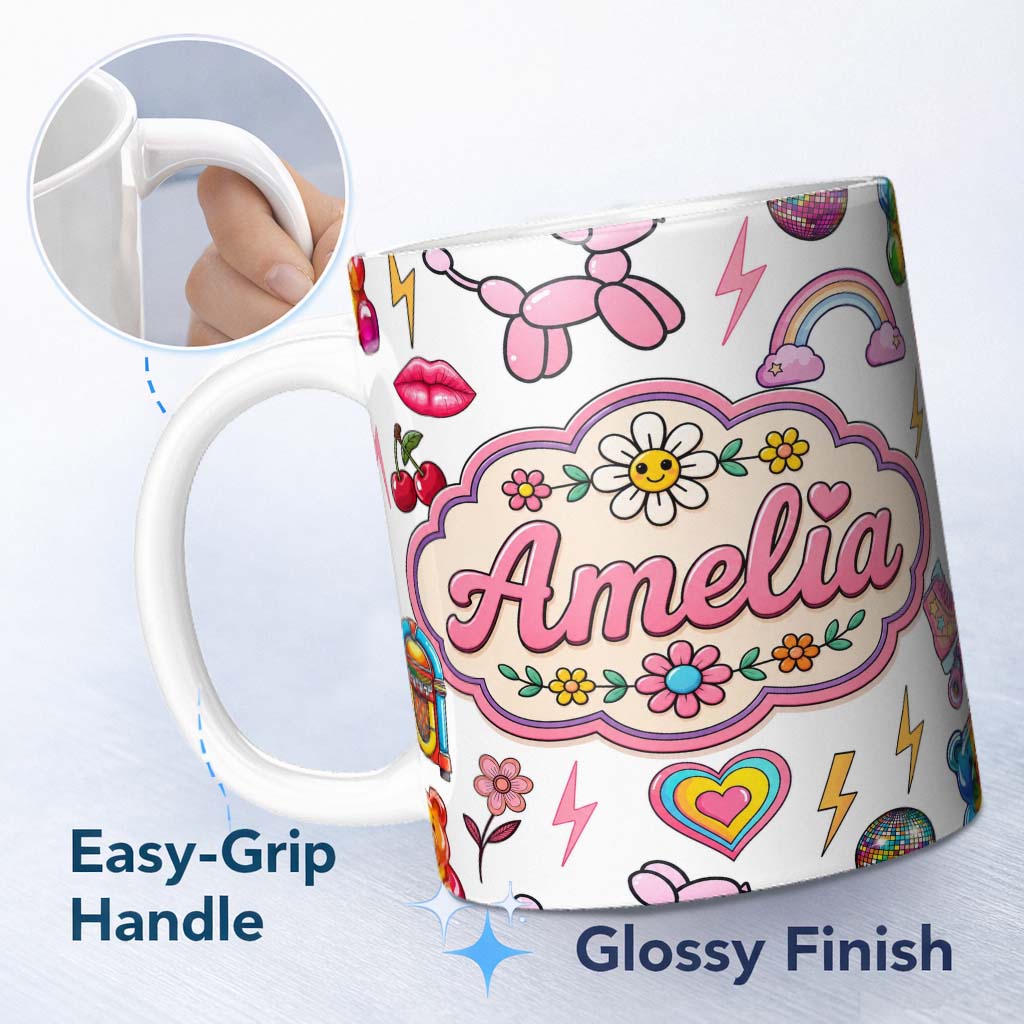 Personalized Custom Name Gummy Bear Rainbow Roller Skate Light Grey Background Seamless 11oz Ceramic Coffee Tea Mug White Large Handle