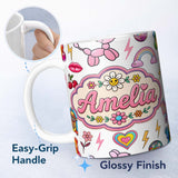 Personalized Custom Name Gummy Bear Rainbow Roller Skate Light Grey Background Seamless 11oz Ceramic Coffee Tea Mug White Large Handle