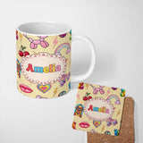 Personalized Custom Name Gummy Bear Rainbow Roller Skate Yellow Background Seamless Pattern 11oz Ceramic Coffee Tea Mug White Large Handle