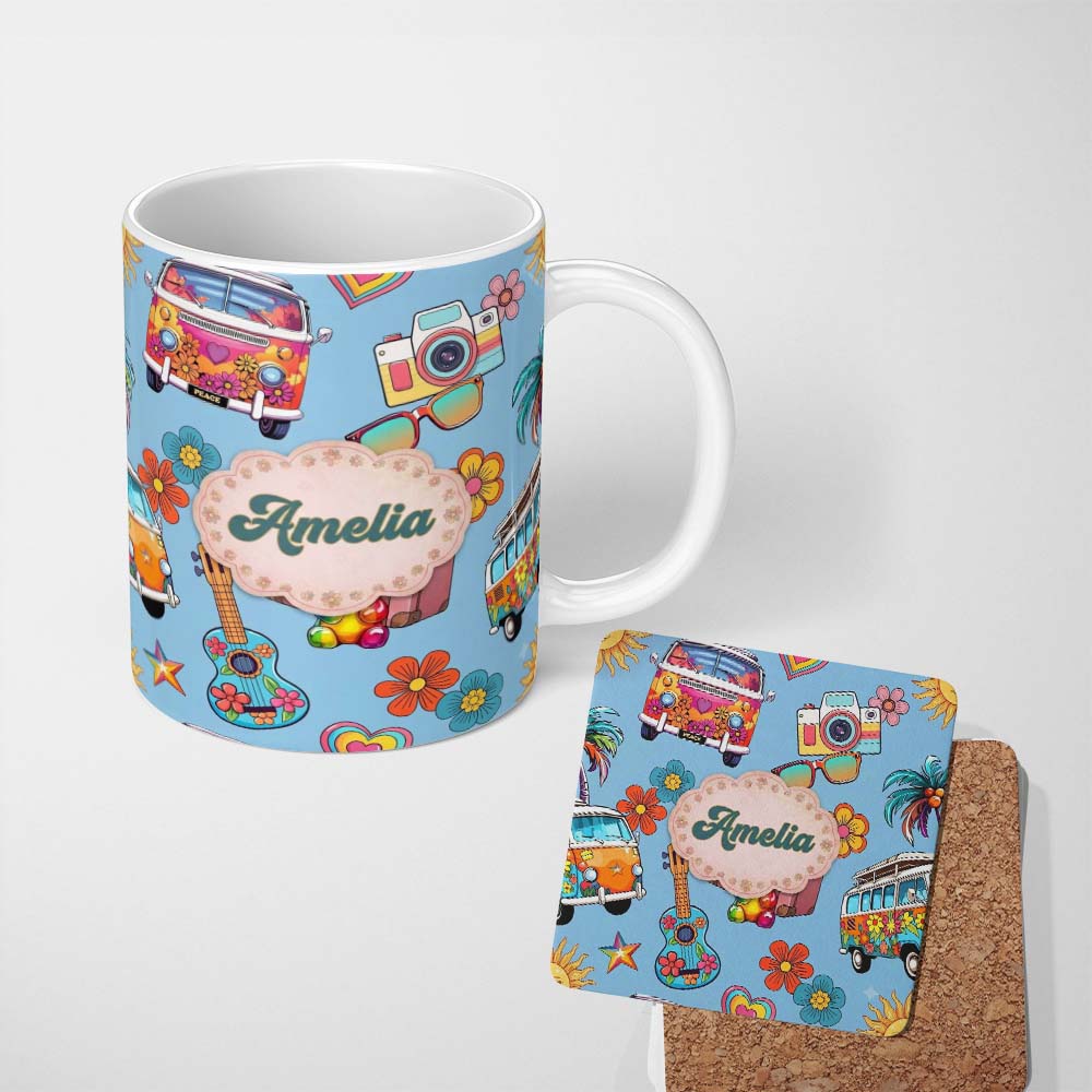 Personalized Custom Name Hippie Van Camera Guitar Floral Travel Blue Background Seamless 11oz Ceramic Coffee Tea Mug White Large Handle