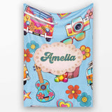 Hippie Van Camera Guitar Floral Travel Blue Background Seamless  Personalised Custom Name Super Soft Fleece Blanket Bed Sofa Throw