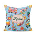 Custom Name Hippie Van Camera Guitar Floral Travel Blue Seamless Square Filled Cushion Throw Pillow Sofa Bed Home Decor Zip Washable UK Made