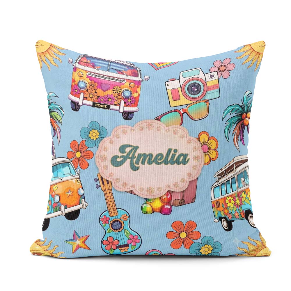 Custom Name Hippie Van Camera Guitar Floral Travel Blue Seamless Square Filled Cushion Throw Pillow Sofa Bed Home Decor Zip Washable UK Made