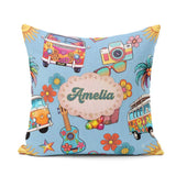Custom Name Hippie Van Camera Guitar Floral Travel Blue Seamless Square Filled Cushion Throw Pillow Sofa Bed Home Decor Zip Washable UK Made