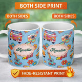 Personalized Custom Name Hippie Van Camera Guitar Floral Travel Blue Background Seamless 11oz Ceramic Coffee Tea Mug White Large Handle