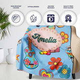 Hippie Van Camera Guitar Floral Travel Blue Background Seamless  Personalised Custom Name Super Soft Fleece Blanket Bed Sofa Throw