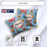 Custom Name Hippie Van Camera Guitar Floral Travel Blue Seamless Square Filled Cushion Throw Pillow Sofa Bed Home Decor Zip Washable UK Made