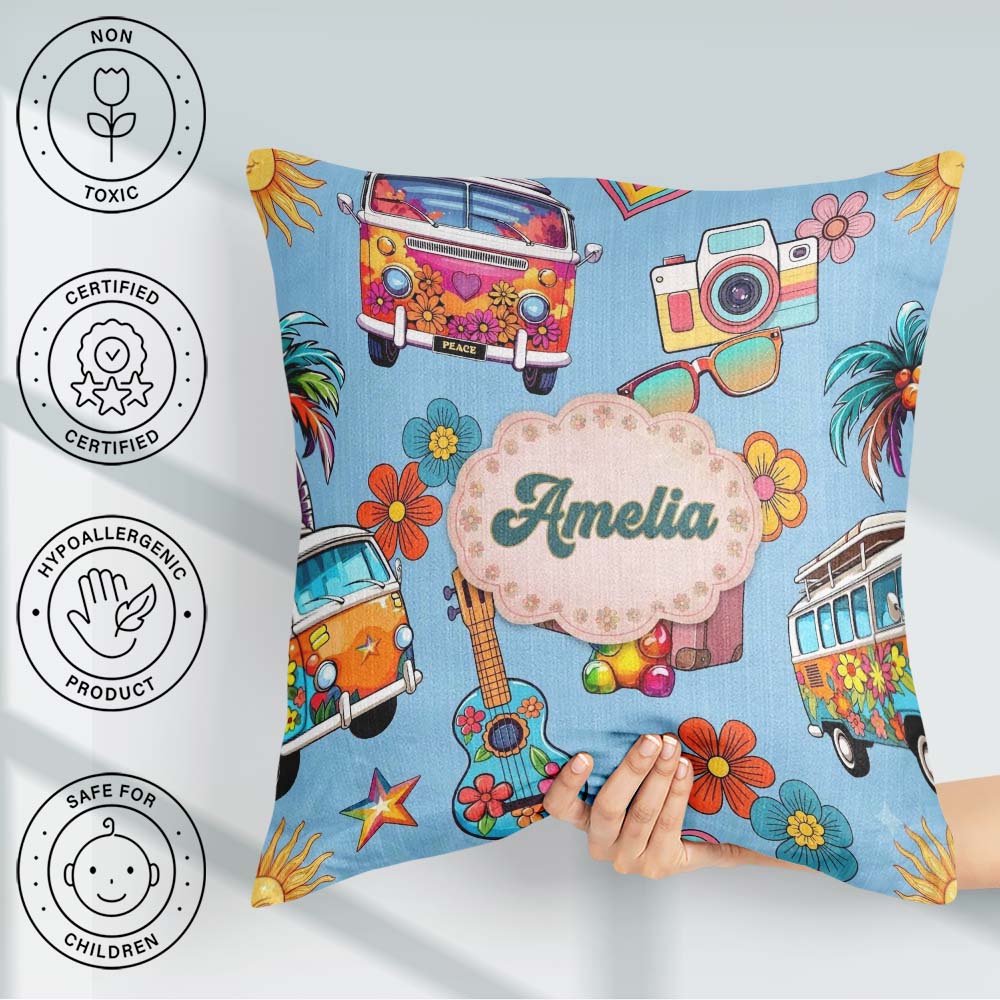 Custom Name Hippie Van Camera Guitar Floral Travel Blue Seamless Square Filled Cushion Throw Pillow Sofa Bed Home Decor Zip Washable UK Made