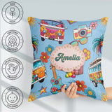 Custom Name Hippie Van Camera Guitar Floral Travel Blue Seamless Square Filled Cushion Throw Pillow Sofa Bed Home Decor Zip Washable UK Made