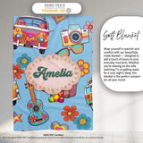 Hippie Van Camera Guitar Floral Travel Blue Background Seamless  Personalised Custom Name Super Soft Fleece Blanket Bed Sofa Throw