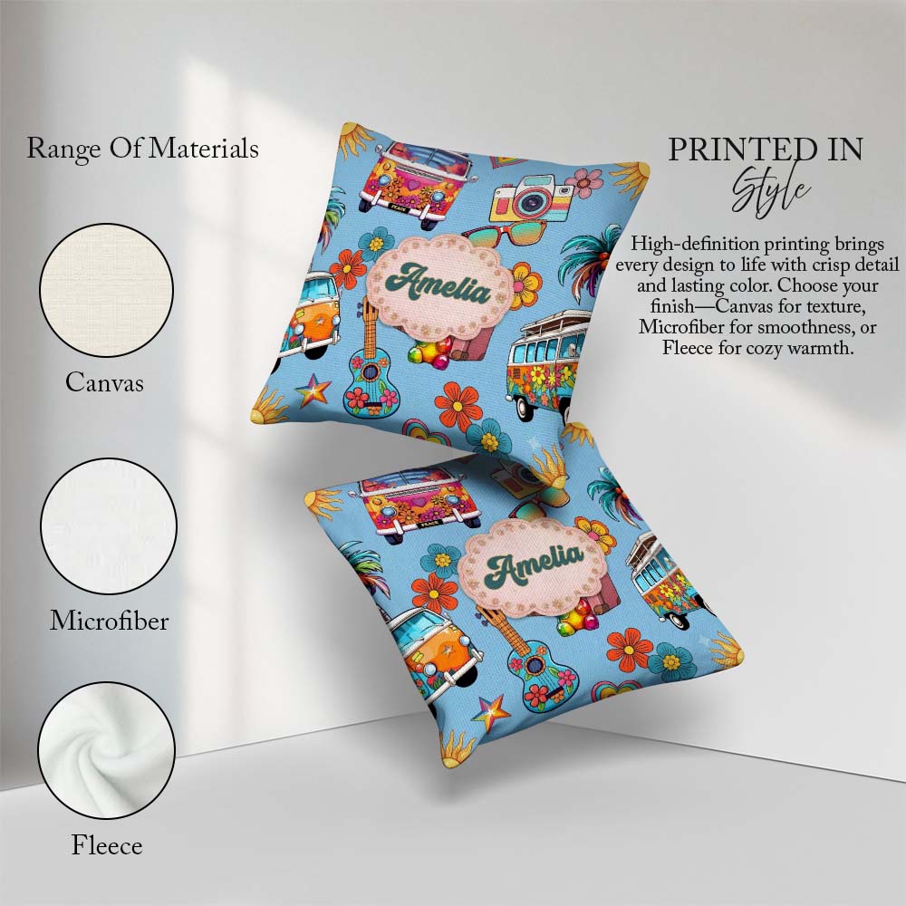 Custom Name Hippie Van Camera Guitar Floral Travel Blue Seamless Square Filled Cushion Throw Pillow Sofa Bed Home Decor Zip Washable UK Made