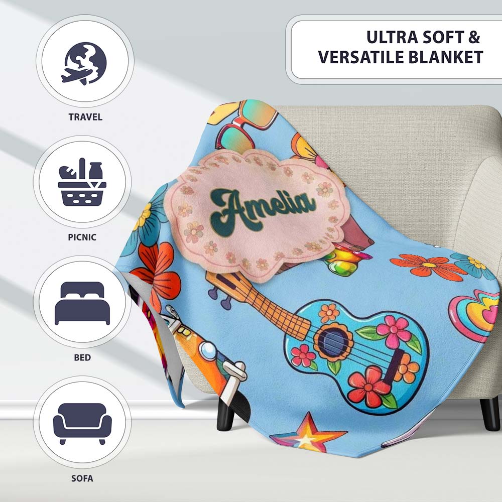 Hippie Van Camera Guitar Floral Travel Blue Background Seamless  Personalised Custom Name Super Soft Fleece Blanket Bed Sofa Throw