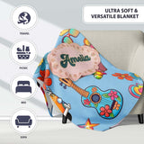 Hippie Van Camera Guitar Floral Travel Blue Background Seamless  Personalised Custom Name Super Soft Fleece Blanket Bed Sofa Throw