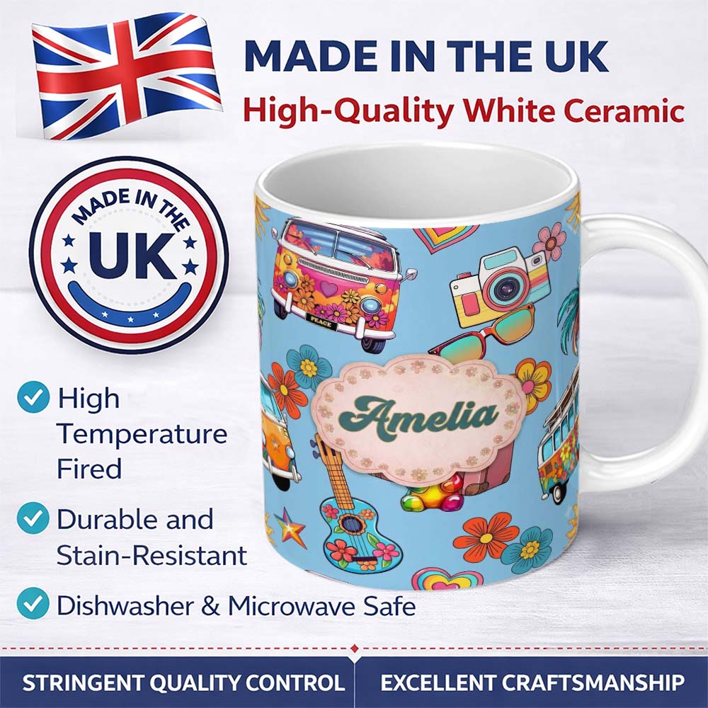 Personalized Custom Name Hippie Van Camera Guitar Floral Travel Blue Background Seamless 11oz Ceramic Coffee Tea Mug White Large Handle