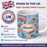 Personalized Custom Name Hippie Van Camera Guitar Floral Travel Blue Background Seamless 11oz Ceramic Coffee Tea Mug White Large Handle