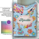 Hippie Van Camera Guitar Floral Travel Blue Background Seamless  Personalised Custom Name Super Soft Fleece Blanket Bed Sofa Throw