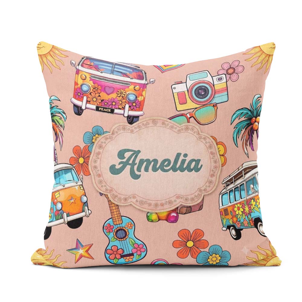 Custom Name Hippie Camera Guitar Floral Travel Peach Background Square Filled Cushion Throw Pillow Sofa Bed Home Decor Zip Washable UK Made