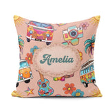 Custom Name Hippie Camera Guitar Floral Travel Peach Background Square Filled Cushion Throw Pillow Sofa Bed Home Decor Zip Washable UK Made