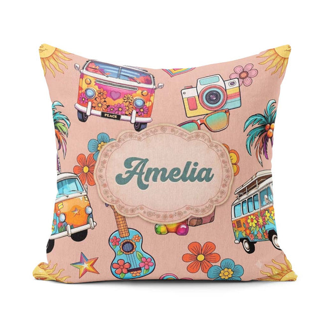 Custom Name Hippie Camera Guitar Floral Travel Peach Background Square Filled Cushion Throw Pillow Sofa Bed Home Decor Zip Washable UK Made