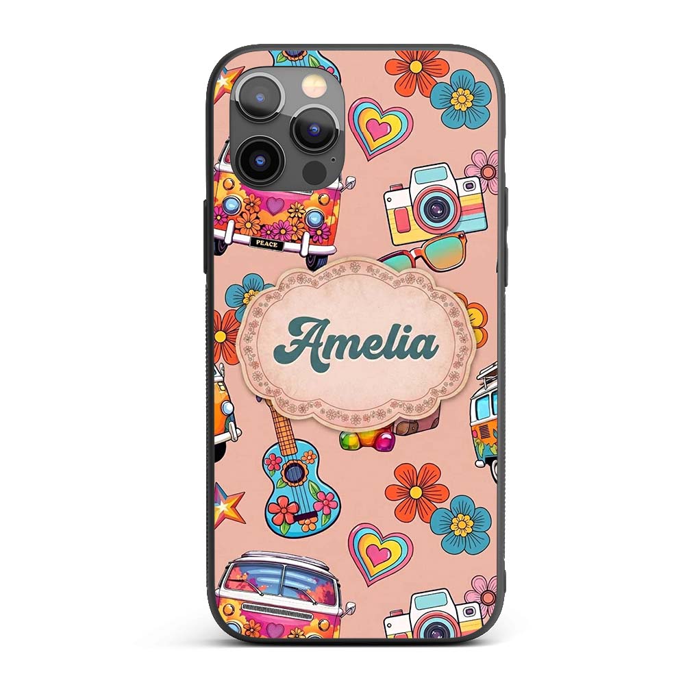 Hippie Van Camera Guitar Floral Travel Peach Custom Name Protective Phone Case Mobile Cover Durable Everyday Smartphone Shock Resistant