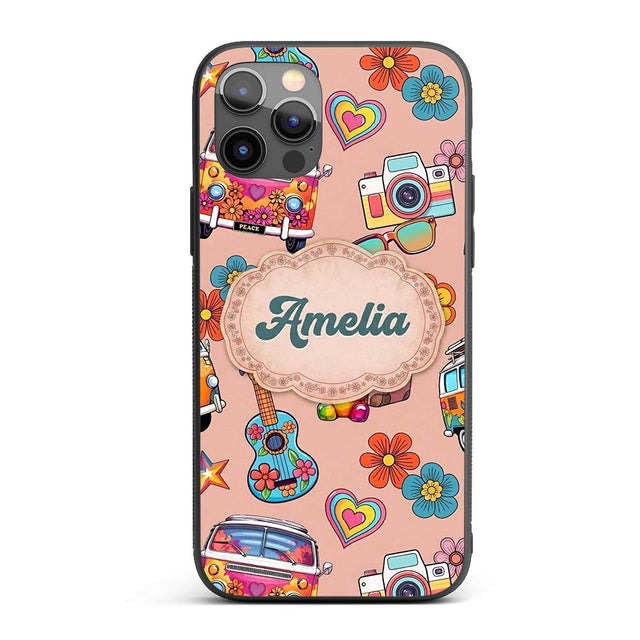 Hippie Van Camera Guitar Floral Travel Peach Custom Name Protective Phone Case Mobile Cover Durable Everyday Smartphone Shock Resistant
