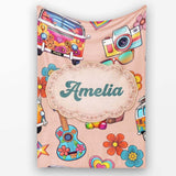Hippie Van Camera Guitar Floral Travel Peach Background Seamless  Personalised Custom Name Super Soft Fleece Blanket Bed Sofa Throw