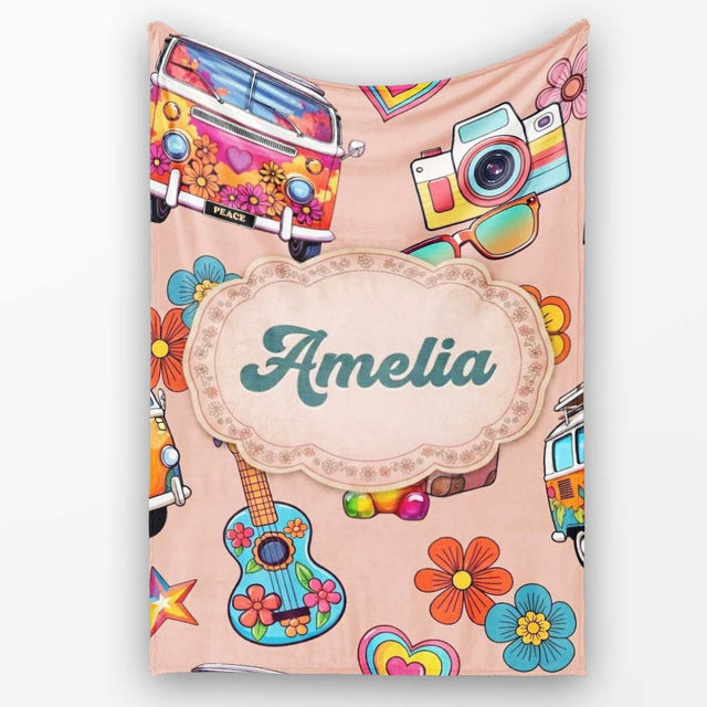Hippie Van Camera Guitar Floral Travel Peach Background Seamless  Personalised Custom Name Super Soft Fleece Blanket Bed Sofa Throw